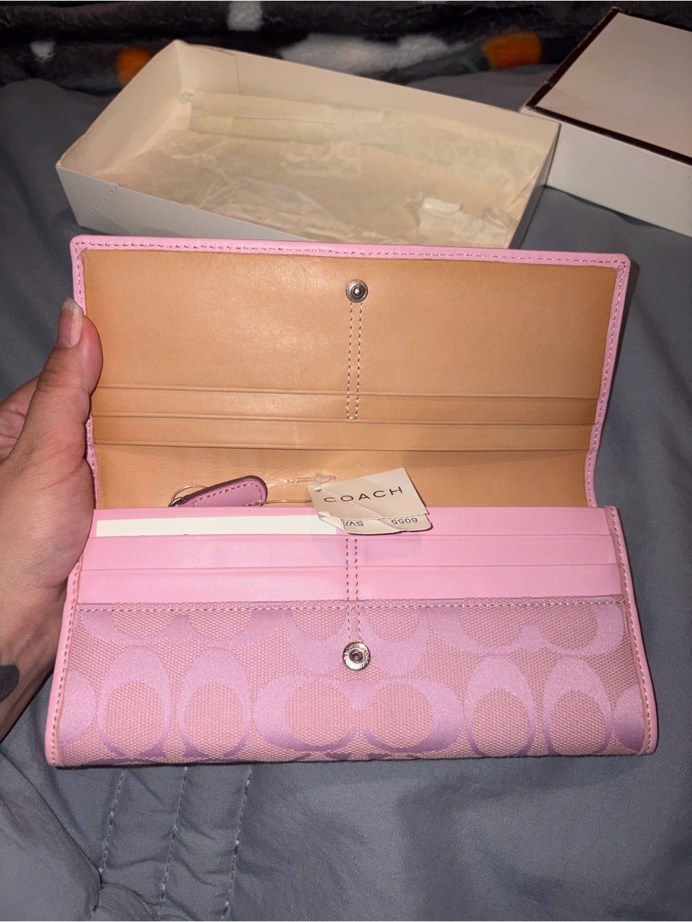 Coach Pink Signature Continental Wallet with Tan Interior